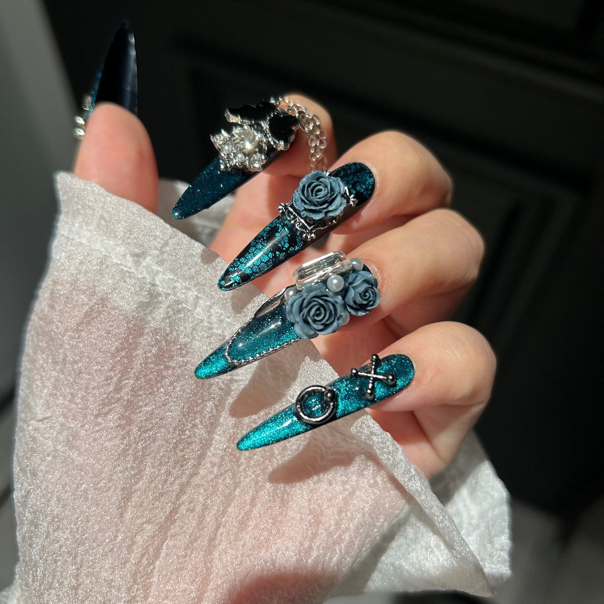 Handmade Teal Glitter Long Stiletto Press On Nails with Dusty Blue 3D Roses, Black Butterfly & Crystal Tassel Charms