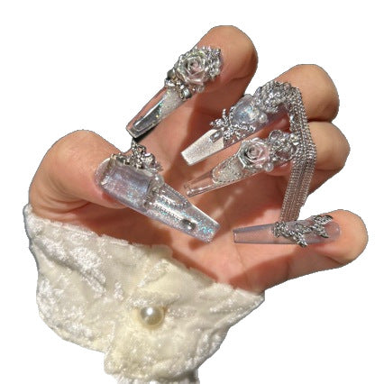 Handmade Iridescent Silver Rose Long Coffin Press On Nails with Butterfly Charms & Dangling Chains