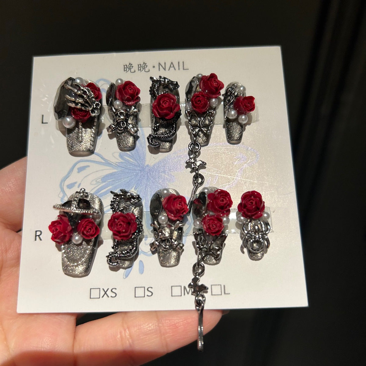 Handmade Metallic Silver Gothic Long Coffin Press On Nails with 3D Red Roses, Skeleton Hand & Dragon Metal Charms, Pearls & Dangling Chains