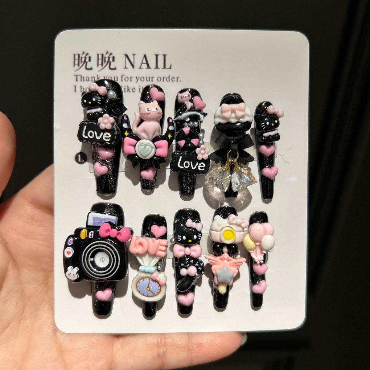 Black & Pink Glitter Coffin Press-on Nails with 3D Hello Kitty, Cute Cat, Camera, Clock, Bow, and Crystal Charms - Y2K Kawaii Fake Nail Set