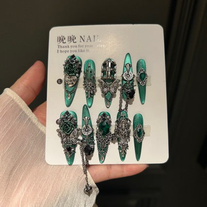 Handmade Blue Silk Press On Nails | Luxury Mysterious Green & Satin Glow Reusable Fake Nails, High-End Elegant Nail Art