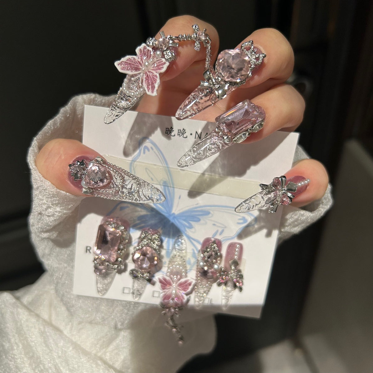 Handmade Clear Pink Lace Long Stiletto Press On Nails with Large Pink Crystals, Pink Butterfly Charms, Pearl Accents & Silver Rhinestone Chains
