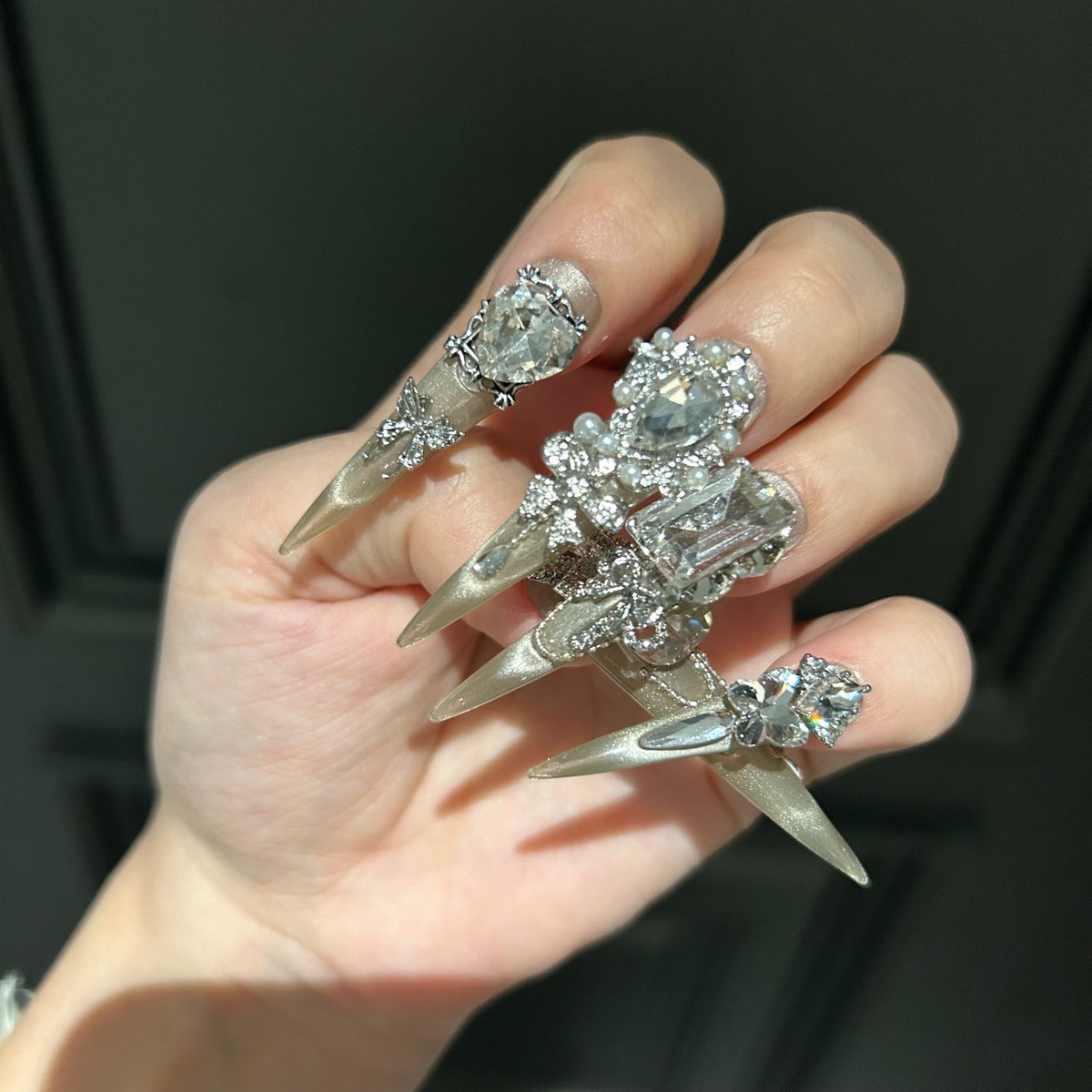 Handcrafted Designer Silver Press-on Nails - Shimmering Cat Eye Base with Heavy 3D Rhinestones, Large Crystals and Pearl Edging