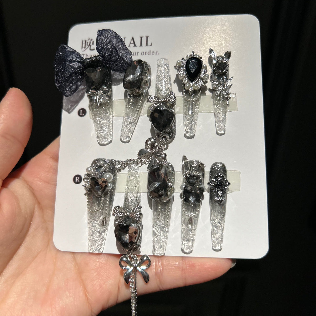 Handmade Clear Crackle Long Stiletto Press On Nails with Black Heart Crystals, Dark Mesh Bows, Silver Bunny Charms & Silver Chain Tassels