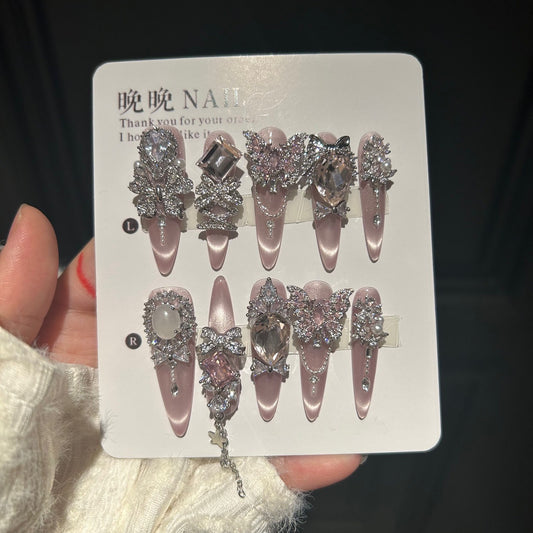 Pink Cat Eye Stiletto Press-on Nails with 3D Butterfly, Crystal Jewels, and Hanging Chain Charms - Luxury Fairy Fake Nail Set