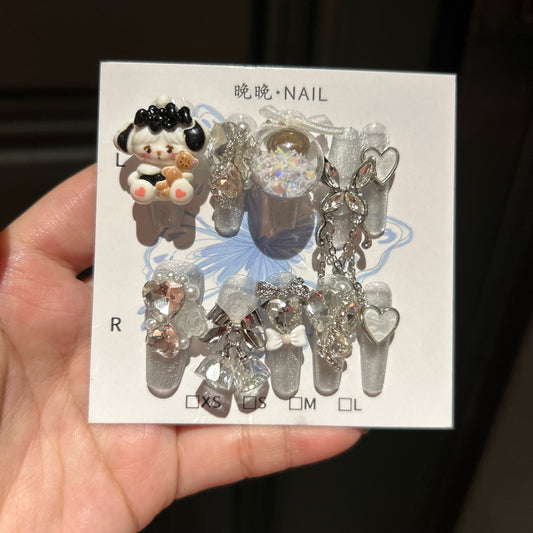 Handcrafted Designer Y2K Press-on Nails - Shimmering Cat Eye Base with Heavy 3D Anime Puppy, Floating Glitter Ball and Rhinestones