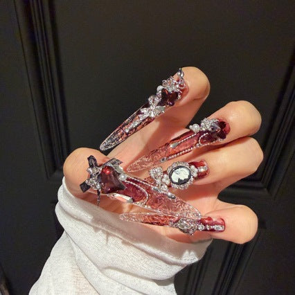 Handmade Burgundy Ombre Long Stiletto Press On Nails, Vintage Cameo Portrait False Nails with Dark Roses, Pearls & Dangling Chains