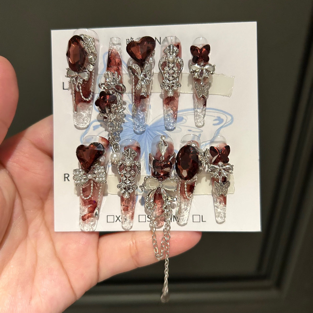Handmade Red Smoke Gradient Long Coffin Press On Nails with Dark Red Heart Crystals, Butterfly Charms & Dangling Silver Chains
