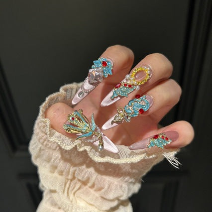 Handmade Pastel Pink Chinese Style Long Stiletto Press On Nails with Turquoise Phoenix Charms, Red Gem Accents, Pearl Clusters & Gold Filigree