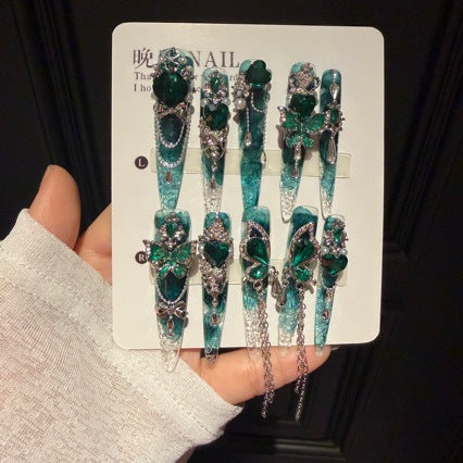Handmade Teal Gradient Clear Long Stiletto Press On Nails with Emerald Green Butterfly & Heart Crystal Charms
