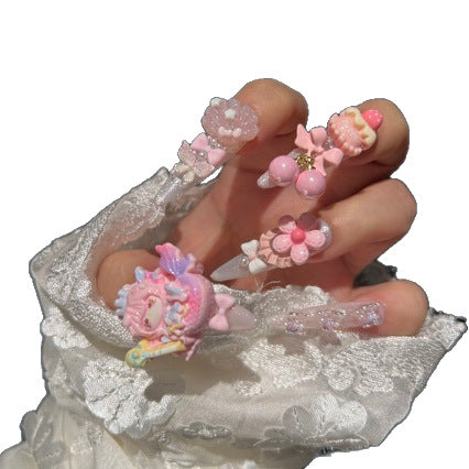 Handmade Pink Mermaid Cartoon Doll Long Stiletto Press On Nails with Cupcake, Cherry & Flower Charms