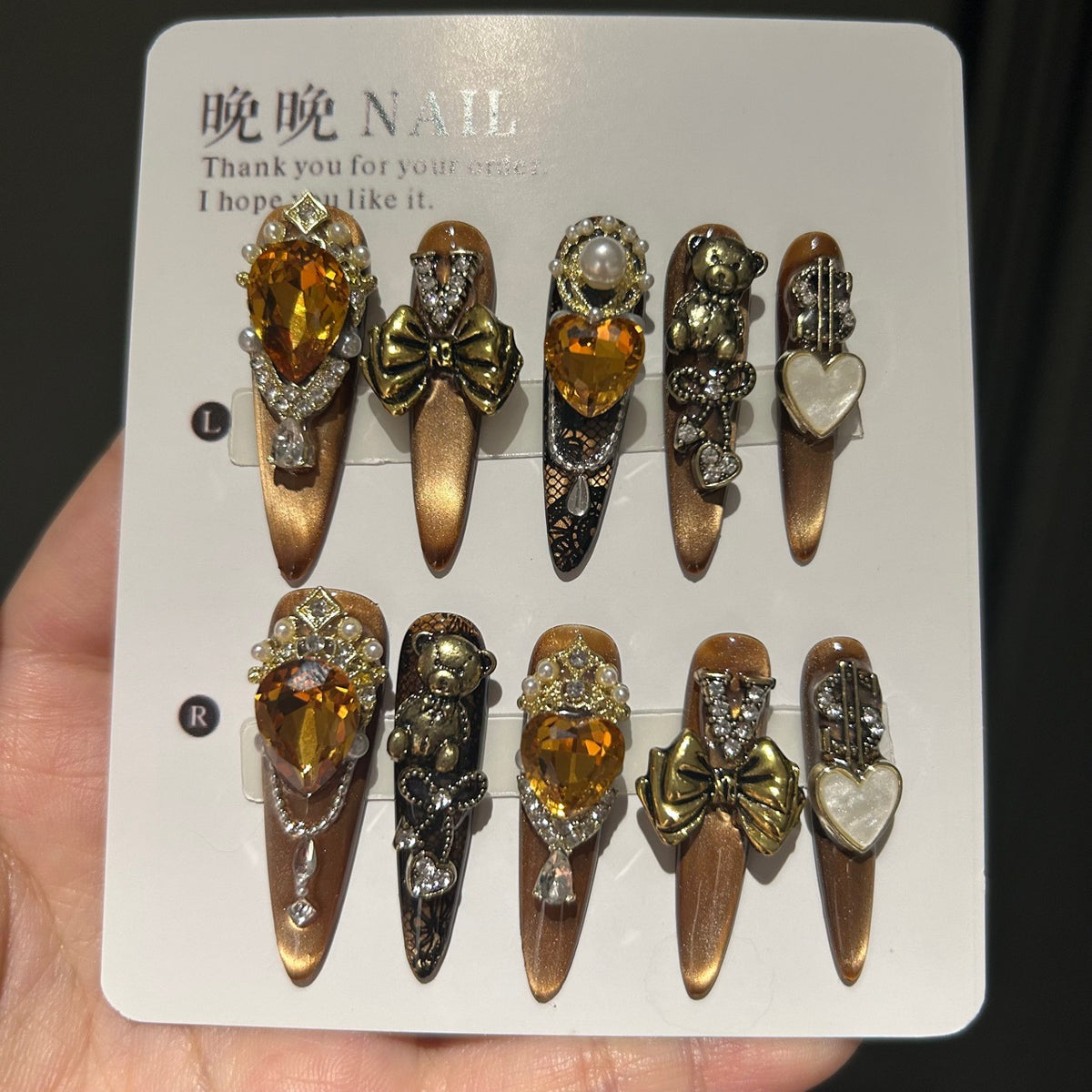 Handmade Bronze Metallic Long Stiletto Press On Nails with Amber Heart Crystals, Vintage Bear Charms, Antique Gold Bows, Lace Details & Pearls