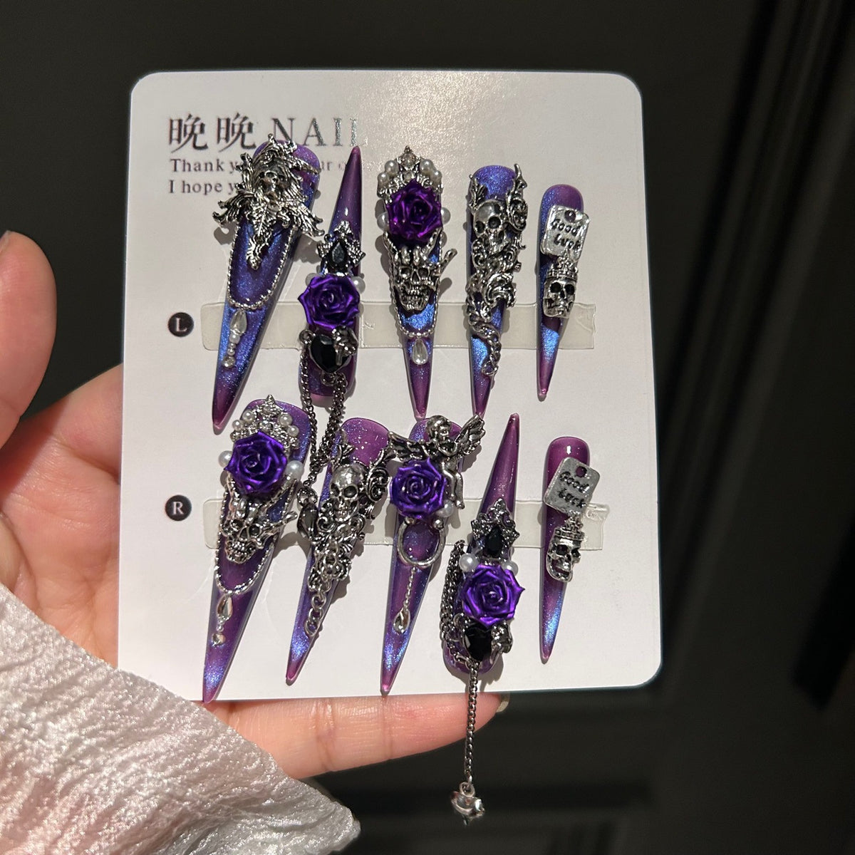 Handmade Purple Blue Cat Eye Long Stiletto Press On Nails with 3D Purple Roses, Silver Skull Charms, Black Crystals, Pearls & Dangling Chains