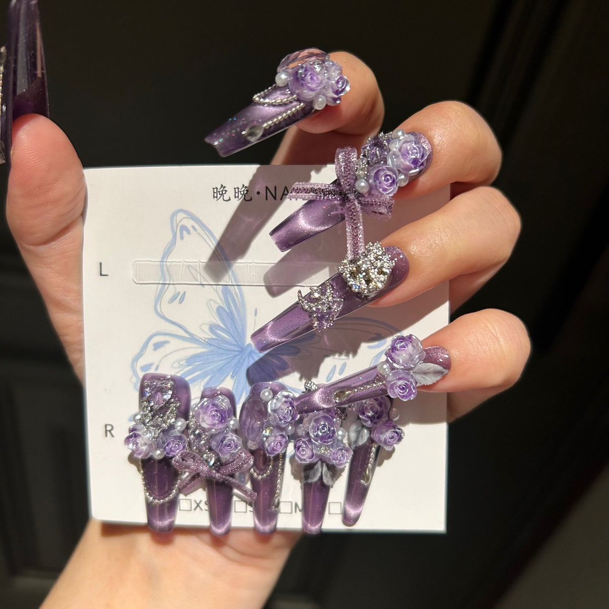 Handmade Purple Cat Eye Press On Nails, Long Coffin Fairy False Nails with 3D Purple Roses, Pearls, Rhinestones & Dangling Chains, Reusable Fake Nails for Wedding Party