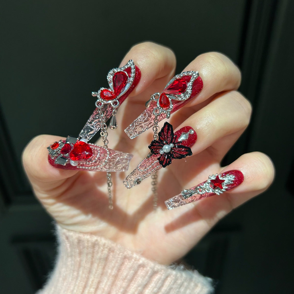 Handmade Red Glitter Ombre Clear Long Coffin Press On Nails with Red Heart Crystals & Black Butterfly Charms