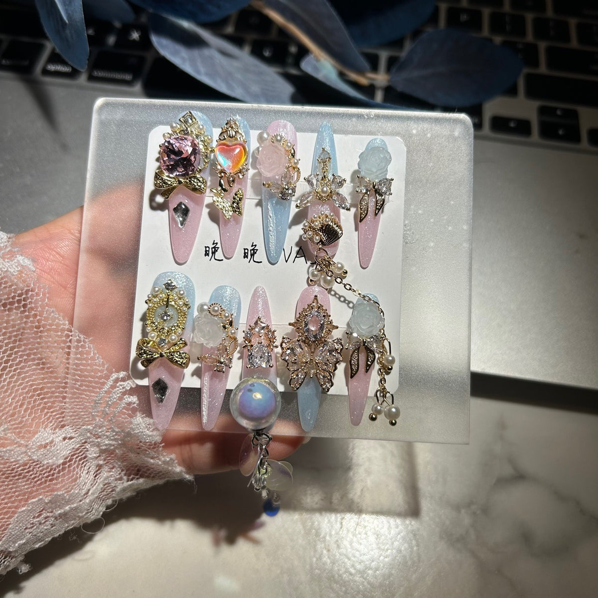Handmade Pink Blue Gradient Cat Eye Long Stiletto Press On Nails with 3D White Roses, Gold Rhinestone Charms, Iridescent Bubble Ball & Pearl Chain Tassels