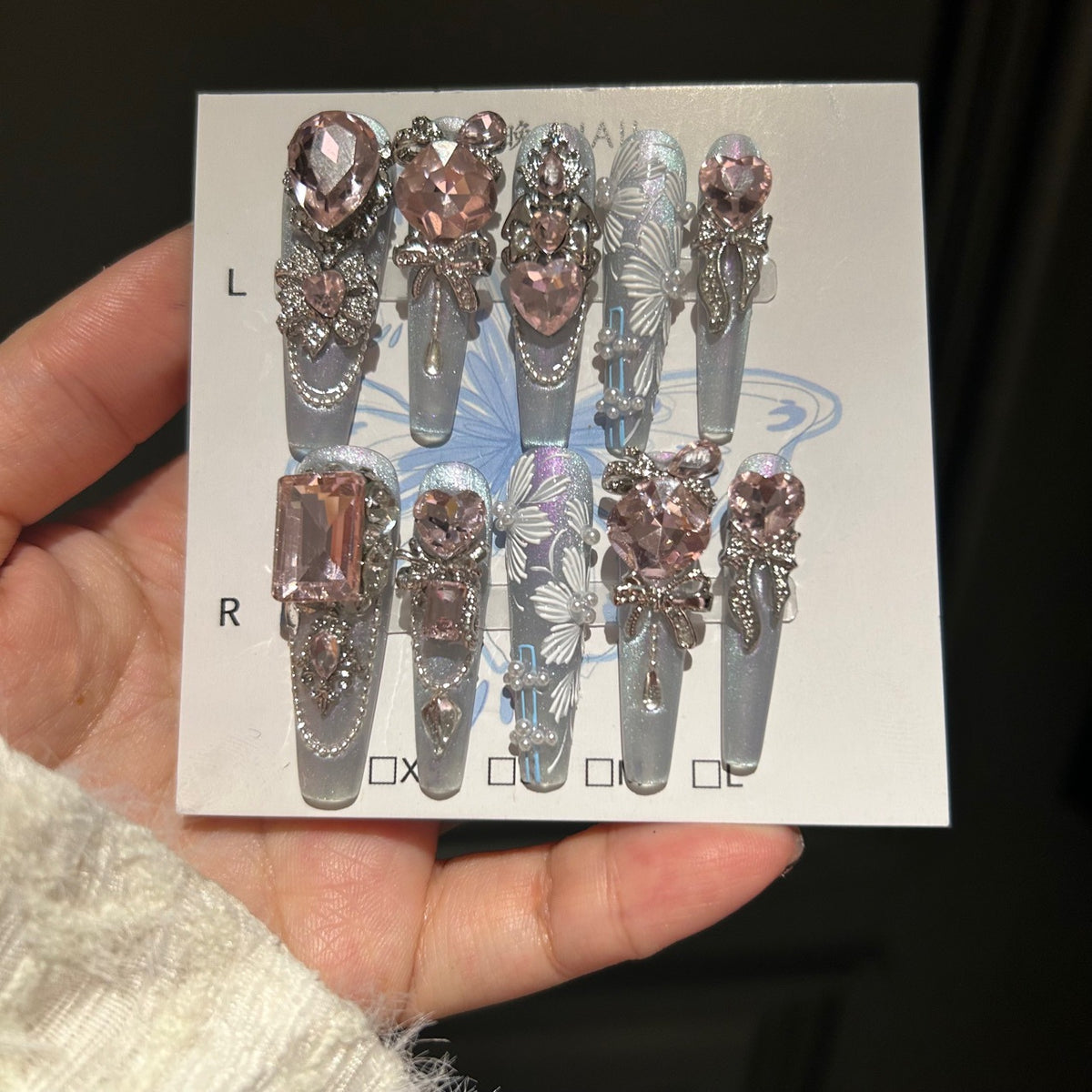 Handmade Light Blue Pink Heart Crystal Long Coffin Press On Nails with Butterfly & Pearls