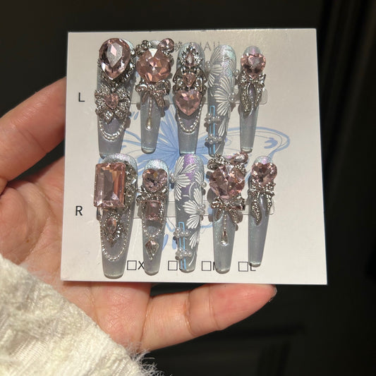 Handmade Light Blue Pink Heart Crystal Long Coffin Press On Nails with Butterfly & Pearls