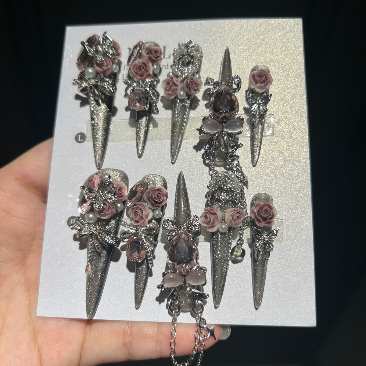 Handmade Silver Glitter Long Stiletto Press On Nails with Dusty Pink 3D Roses & Pink Teardrop Crystal Charms