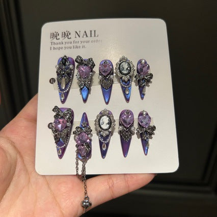 Handmade Purple Blue Cat Eye Cameo Portrait Long Stiletto Press On Nails with Purple Heart Crystals & Butterfly Charms