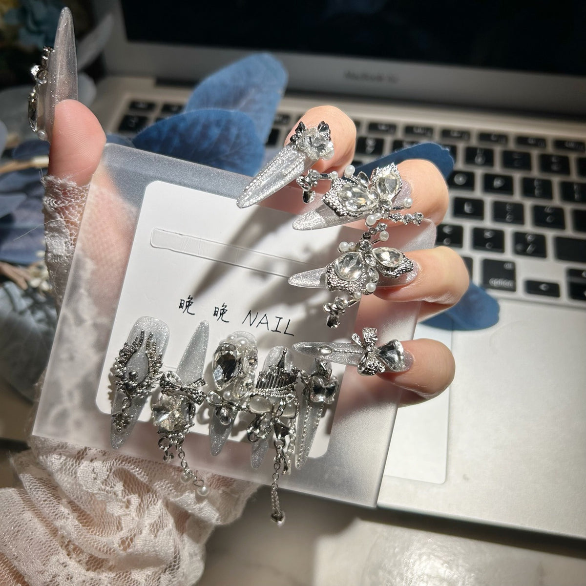 Handmade Silver Cat Eye Long Stiletto Press On Nails with Giant AB Crystals, Castle & Butterfly Charms, Pearls & Dangling Chains