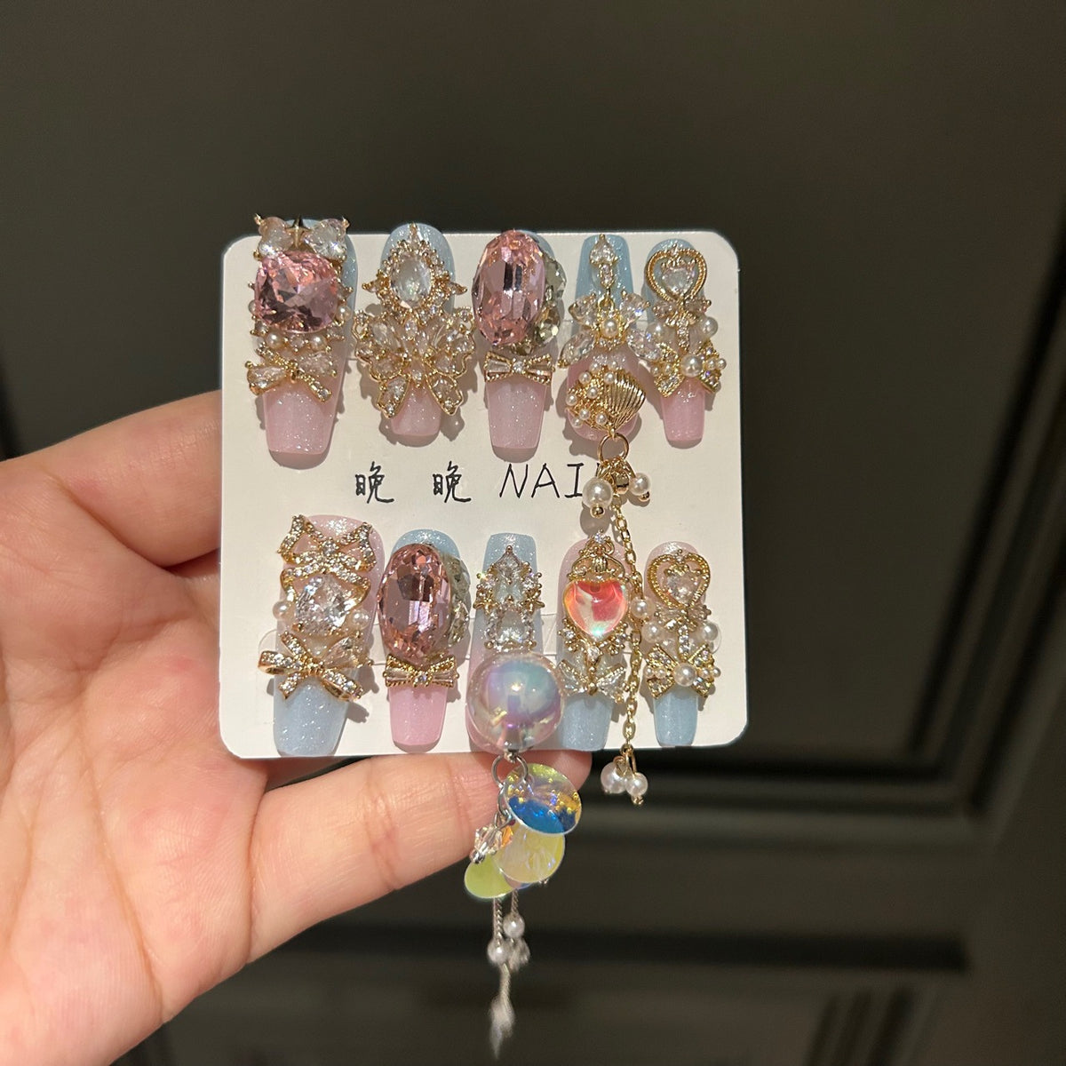 Handmade Pink Blue Ombre Gold Butterfly Long Coffin Press On Nails with Pink Crystals & Dangling Chains