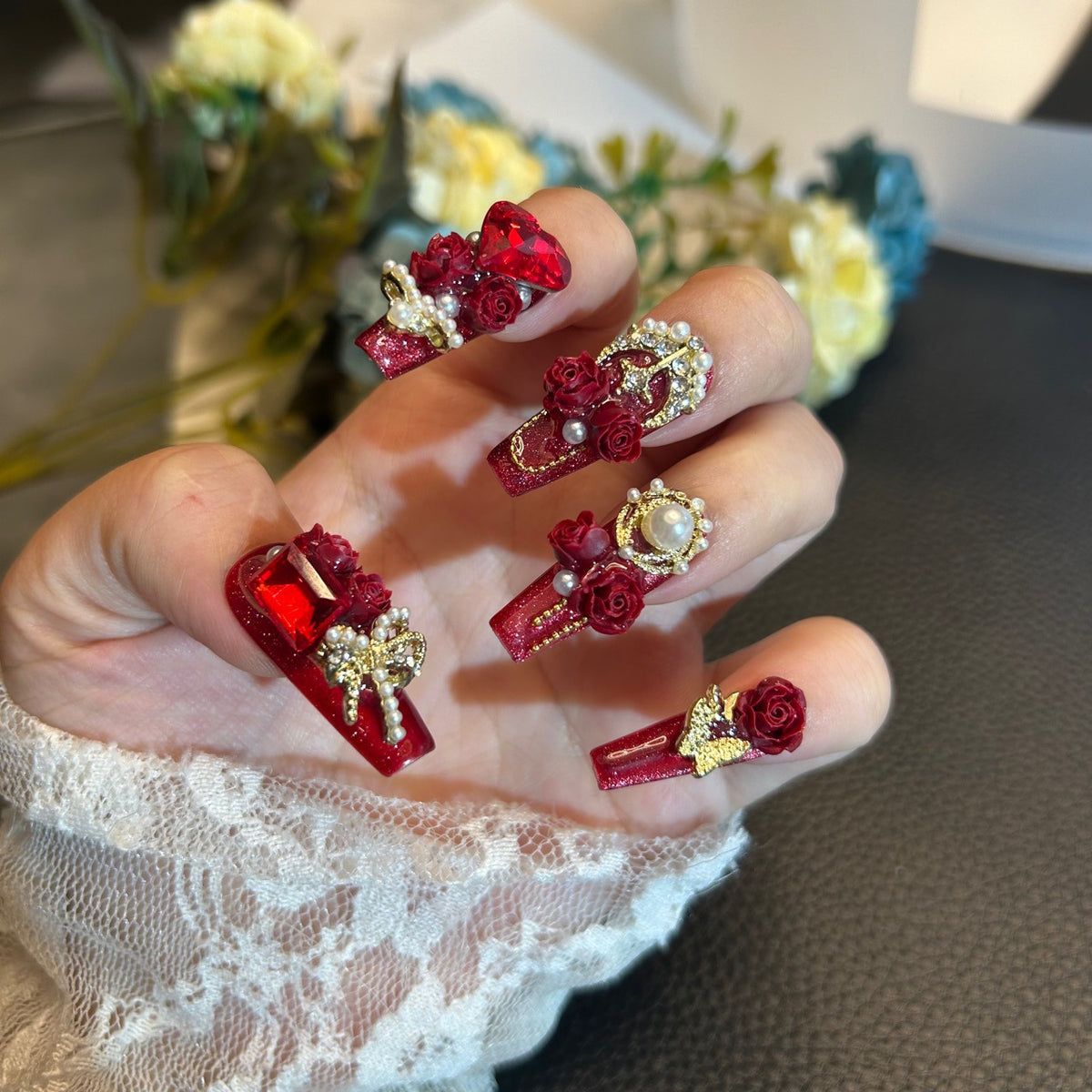 Handmade Red Glitter Long Stiletto Press On Nails with 3D Red Roses, Giant Red Heart Crystals, Gold Metal Accents & Pearl Chain Tassels
