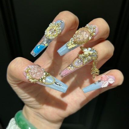 Handmade Pink Blue Ombre Gold Rose Long Coffin Press On Nails with Crystals & Chains