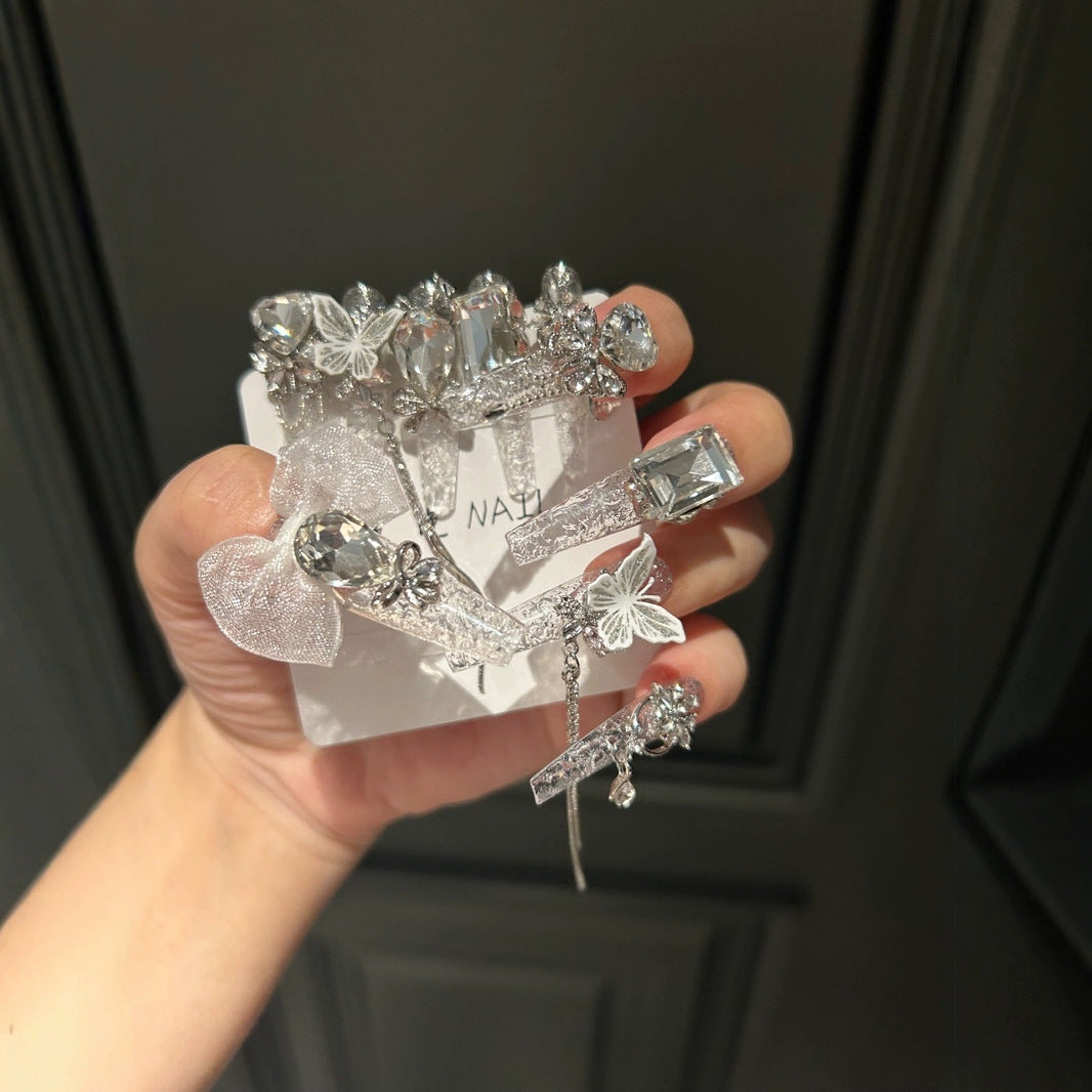 Silver Glitter Coffin Press-on Nails with 3D Mesh Bowknot, Crystal Rhinestone, and Hanging Chain Charms - Luxury Fairy Fake Nail Set