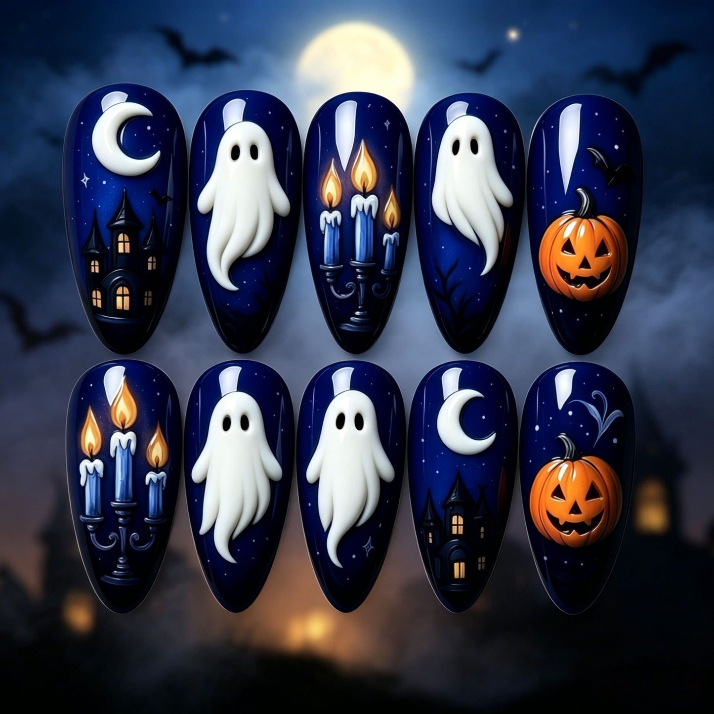New Halloween fake nail patch soft cute ghost pumpkin lamp bat skull manicure wear armor
