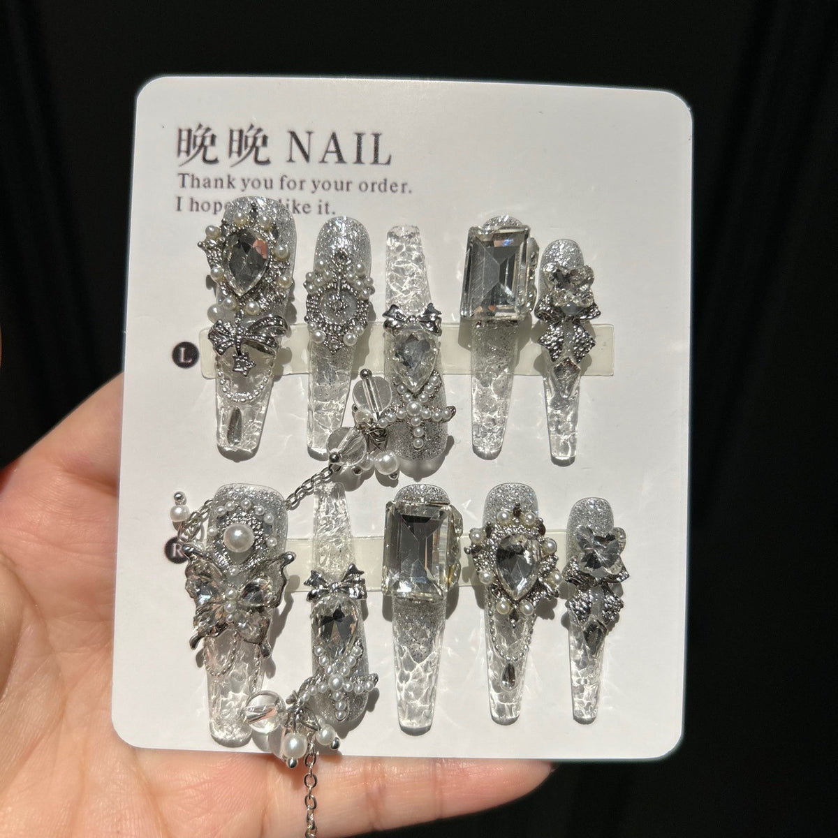 Handmade Clear Silver Glitter Long Coffin Press On Nails with Giant Clear Crystals, Butterfly Charms, Pearls & Dangling Silver Chains
