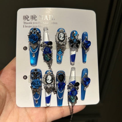 Handmade Royal Blue Vintage Long Coffin Press On Nails, Cameo Portrait False Nails with 3D Blue Rose, Butterfly, Pearls & Dangling Chains