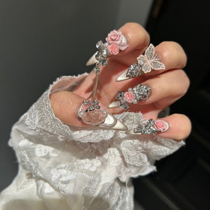 Handmade Champagne Cat Eye Long Stiletto Press On Nails with 3D Pink Roses, Lace Butterfly & Rhinestone Chain Charms