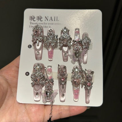 Handmade Baby Pink Gradient Long Coffin Press On Nails with Silver Filigree, Pink Crystals & Sheer Butterfly Charms