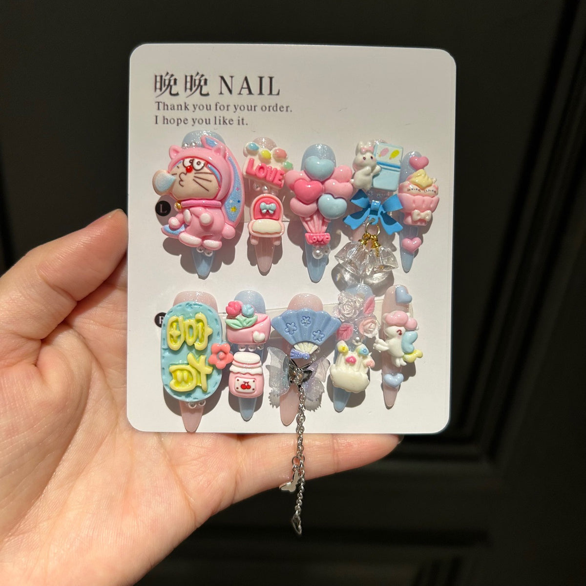 Handmade Cute Cartoon Long Stiletto Press On Nails, 3D Kawaii Character Rabbit Dessert False Nails with Heart Charms & Dangling Chains