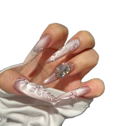 Fairy Core Bridal Luxury Glam Press-on Nails - Long Stiletto with Nude Shimmer Base, Large Crystal and 3D Floral Accents