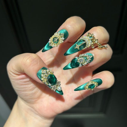 Handmade Emerald Green Cat Eye Press On Nails | Luxury White Cat Eye & 3D Butterfly Reusable Fake Nails, Heavy Industry Rhinestone Art