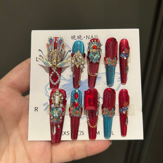 Handcrafted Designer Chinese Aesthetic Press-on Nails - Metallic Cat Eye Base with Heavy 3D Phoenix, Large Crystals and Chain Drops