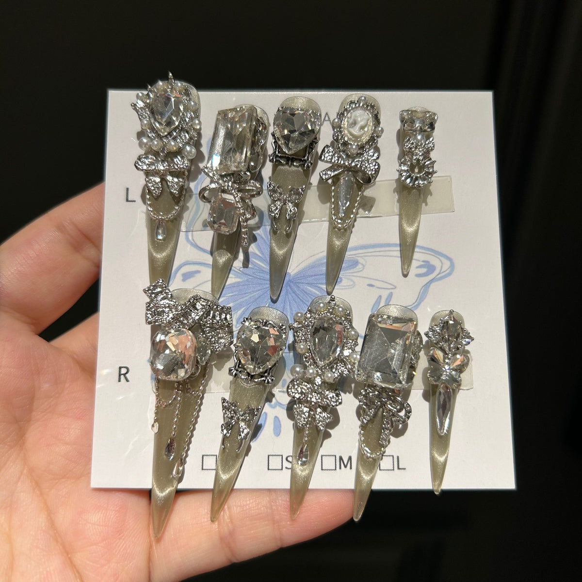 Handcrafted Designer Silver Press-on Nails - Shimmering Cat Eye Base with Heavy 3D Rhinestones, Large Crystals and Pearl Edging