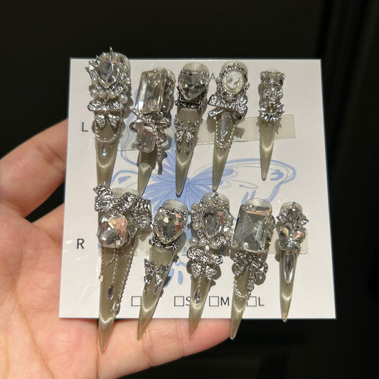 Handcrafted Designer Silver Press-on Nails - Shimmering Cat Eye Base with Heavy 3D Rhinestones, Large Crystals and Pearl Edging