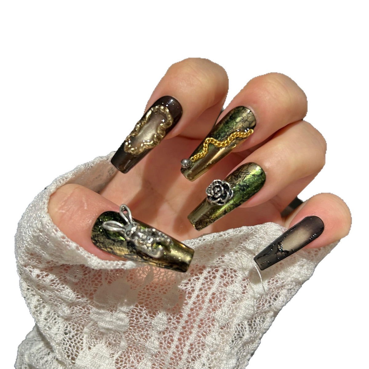 Handmade Moss Green Metallic Long Coffin Press On Nails with Silver Bunny, Bee & Rose Charms, Crackle Texture, Gold Frame Decor