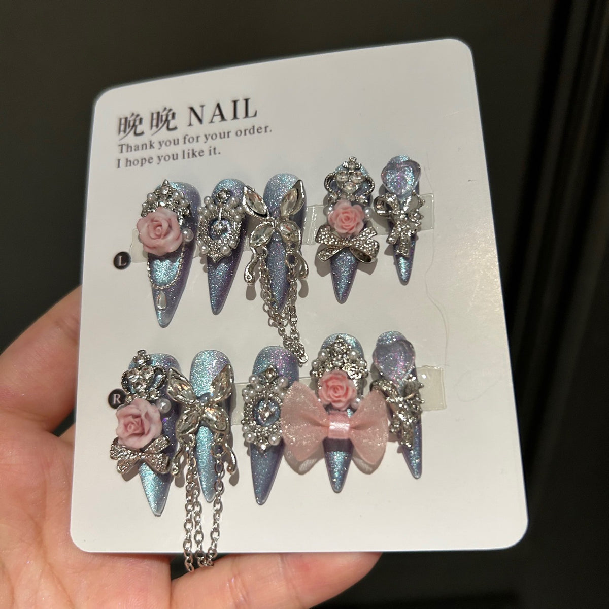Handmade Smoky Grey Press On Nails | Luxury Dark Cat Eye & 3D Butterfly Reusable Fake Nails, Heavy Industry Rhinestone Nail Art