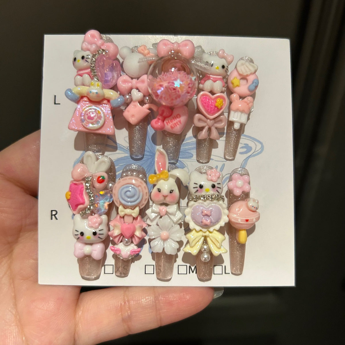 Handmade Pink Kawaii 3D Cartoon Long Stiletto Press On Nails with Hello Kitty, Bunny, Candy & Shaker Bubble Charms
