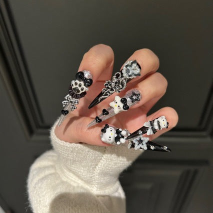 Handmade Gothic Hello Kitty Press On Nails, Long Stiletto 3D Charm False Nails, Black Silver Glitter Y2K Plaid Bow Reusable Nail for Party Cosplay