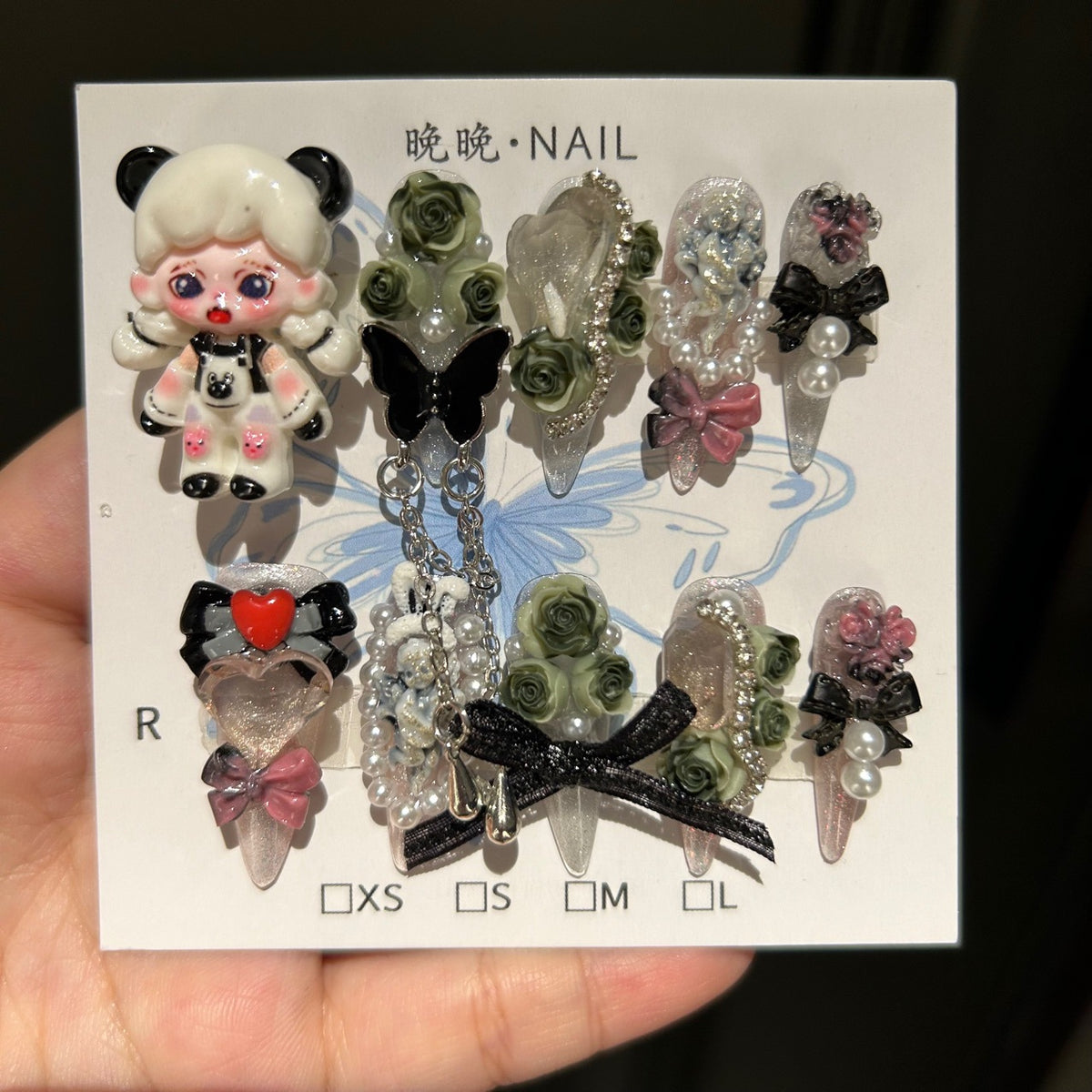 Handmade Clear Glitter Long Stiletto Press On Nails with 3D Panda Girl Resin Charms, Dark Green Roses, Butterfly, Fabric Bows, Pearls & Dangling Chains