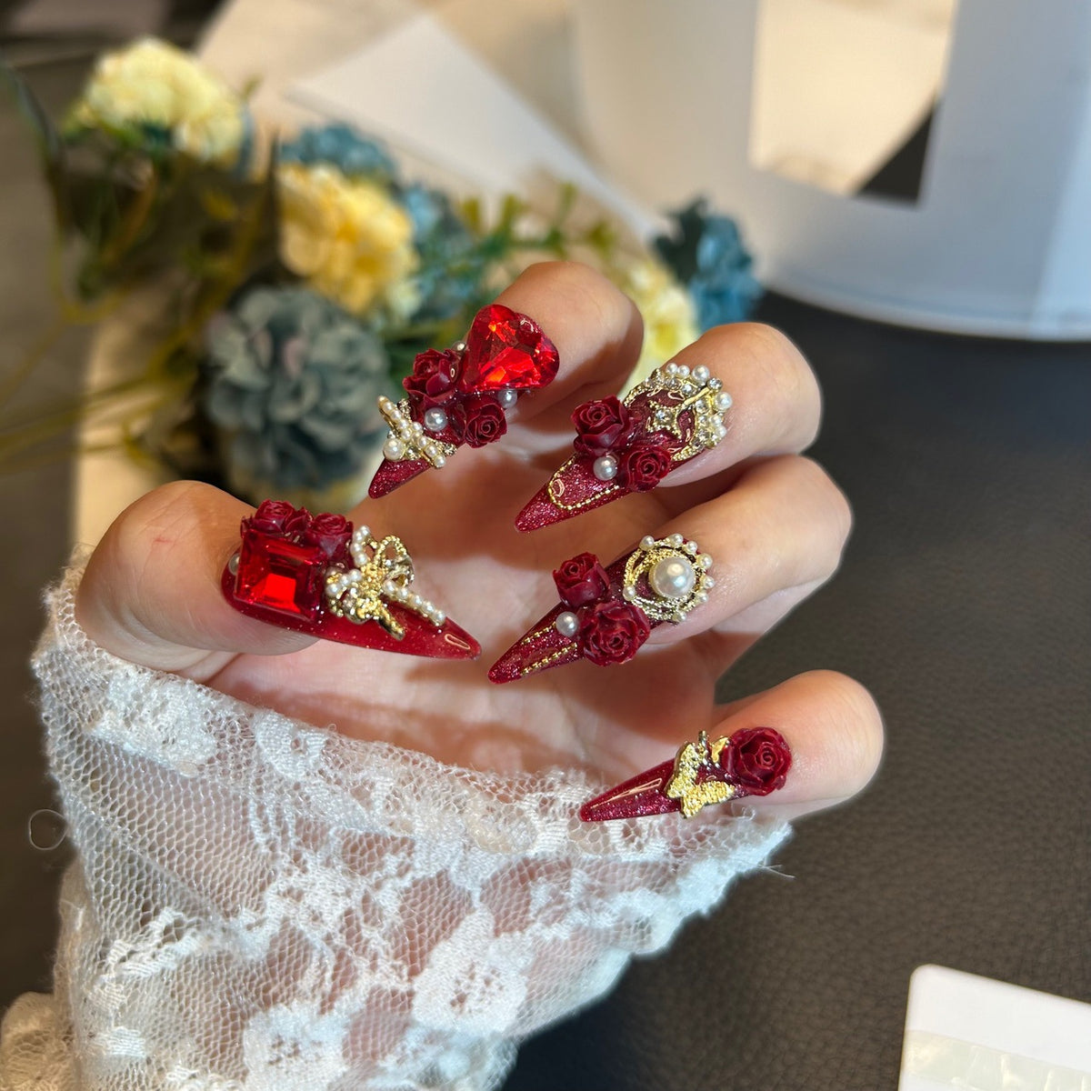 Handmade Red Glitter Long Stiletto Press On Nails with 3D Red Roses, Giant Red Heart Crystals, Gold Metal Accents & Pearl Chain Tassels