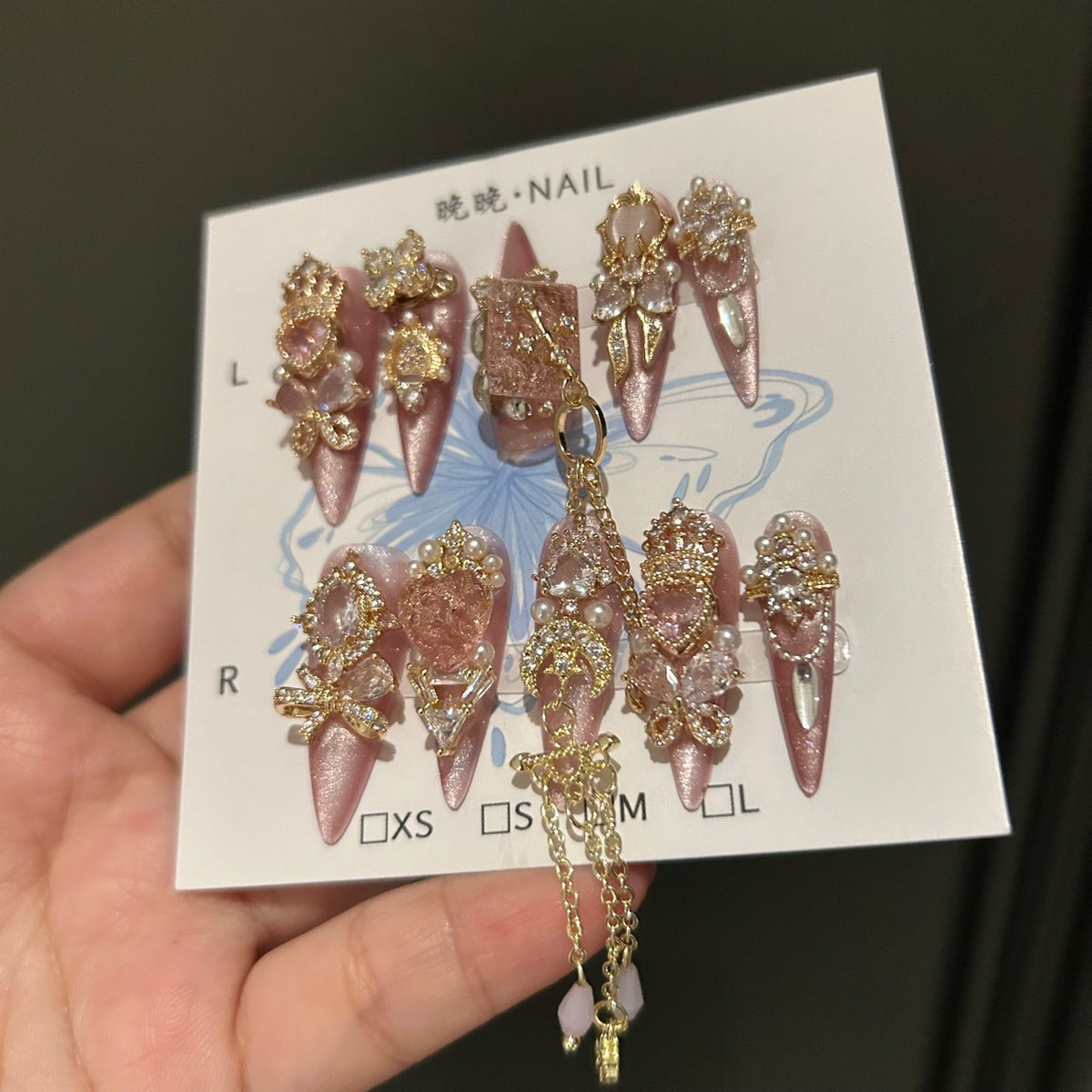 Handmade Pink Cat Eye Long Stiletto Press On Nails, Luxury Gold Butterfly & Heart Gem False Nails with Dangling Gold Chains
