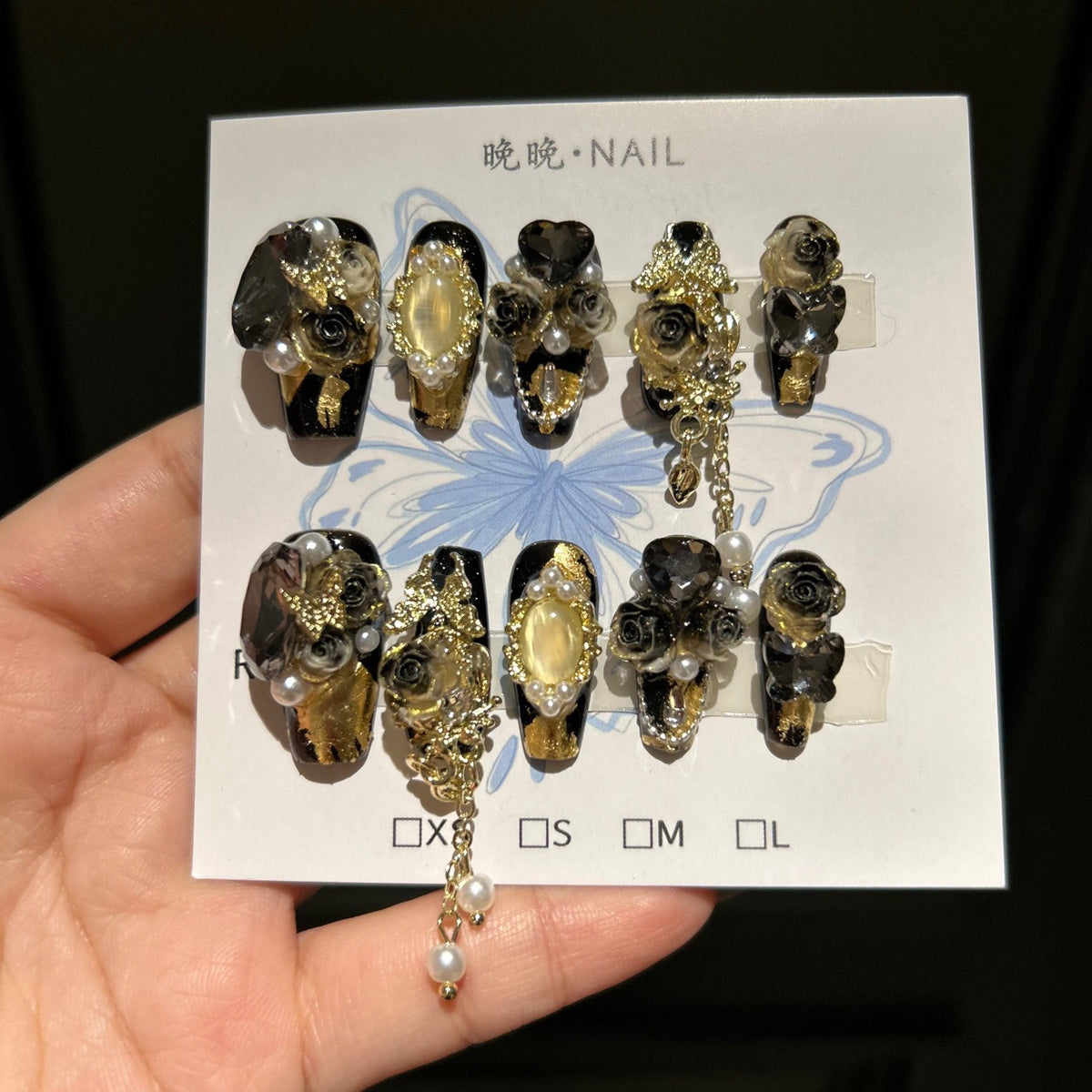 Black and Gold Gothic Coffin Press-on Nails with 3D Black Rose, Pearl Gem, and Hanging Chain Charms - Luxury Dark Glam Fake Nail Set