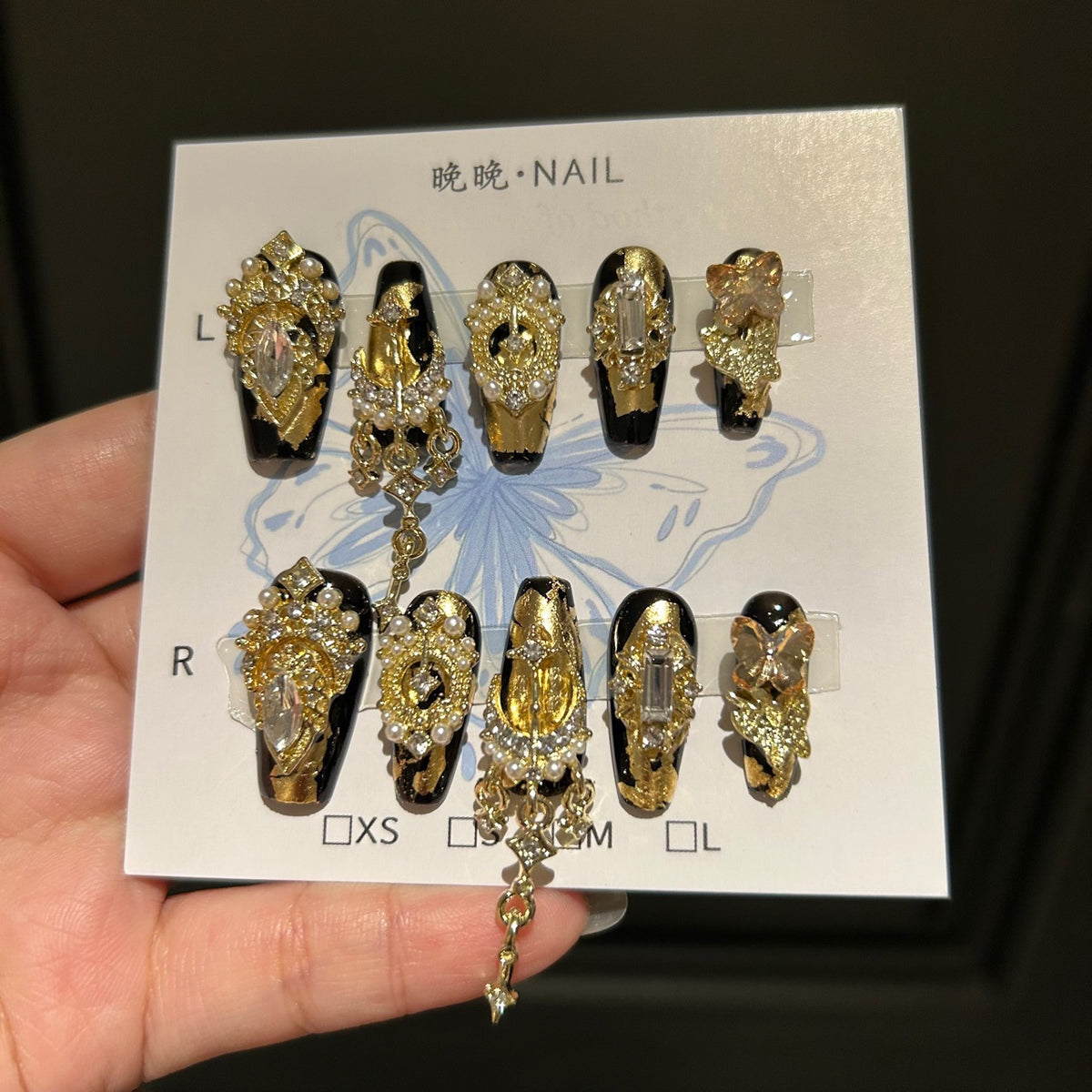 Handmade Black Gold Foil Long Coffin Press On Nails with Gold Butterfly Charms, Luxury Crystal & Pearl Clusters, Dangling Gold Chains