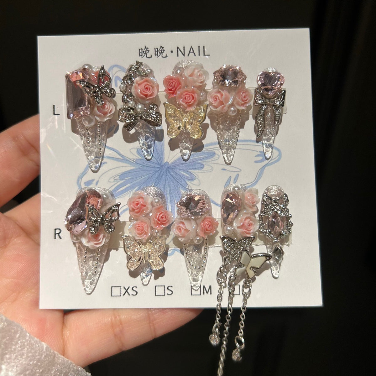 Pink Cat Eye Stiletto Press-on Nails with 3D Rose, Crystal Rhinestone, and Hanging Chain Charms - Luxury Fairy Fake Nail Set